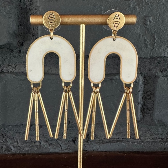 ARCH GOLD & WHITE STATEMENT EARRINGS. - Picture 1 of 3